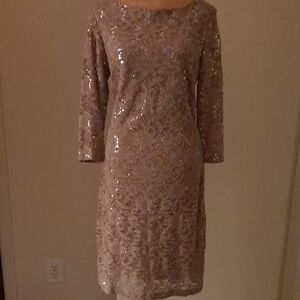 MARINA Sequin Lace Long Sleeve Dress in Tan